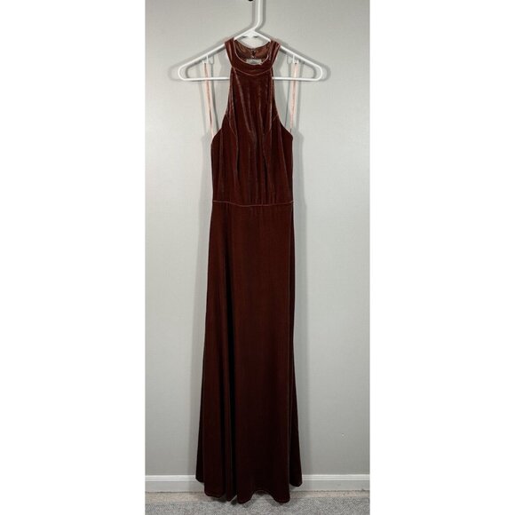 Revelry Dress Womens 4 Terracotta Velvet Tori Halter Maxi Bridesmaid Formal - Picture 3 of 11